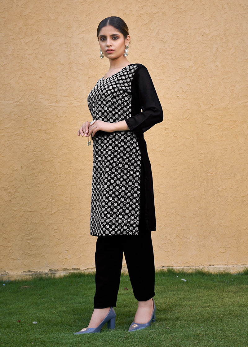 Monjolika Fashion Embroidered Georgette Straight Kurta Set In Black