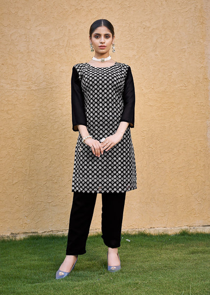Monjolika Fashion Embroidered Georgette Straight Kurta Set In Black
