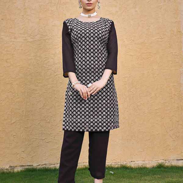 Monjolika Fashion Embroidered Georgette Straight Kurta Set In Coffee