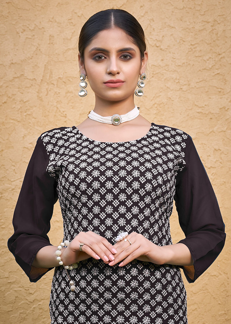 Monjolika Fashion Embroidered Georgette Straight Kurta Set In Coffee