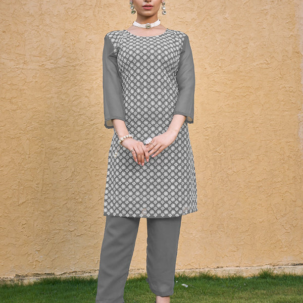 Monjolika Fashion Embroidered Georgette Straight Kurta Set In Grey