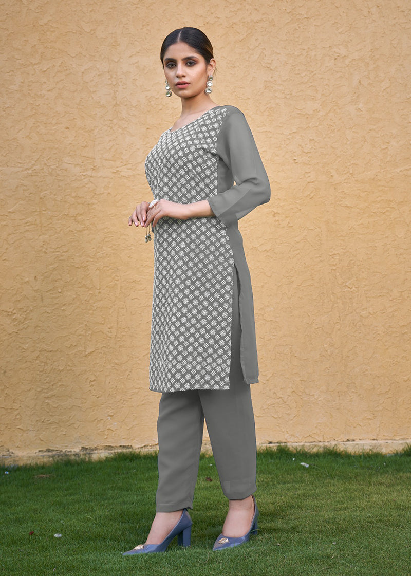 Monjolika Fashion Embroidered Georgette Straight Kurta Set In Grey