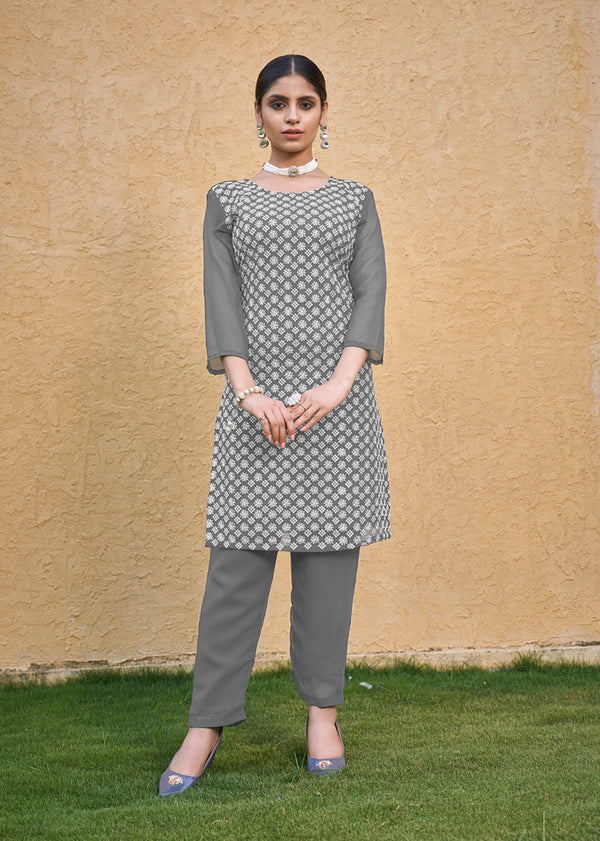 Monjolika Fashion Embroidered Georgette Straight Kurta Set In Grey