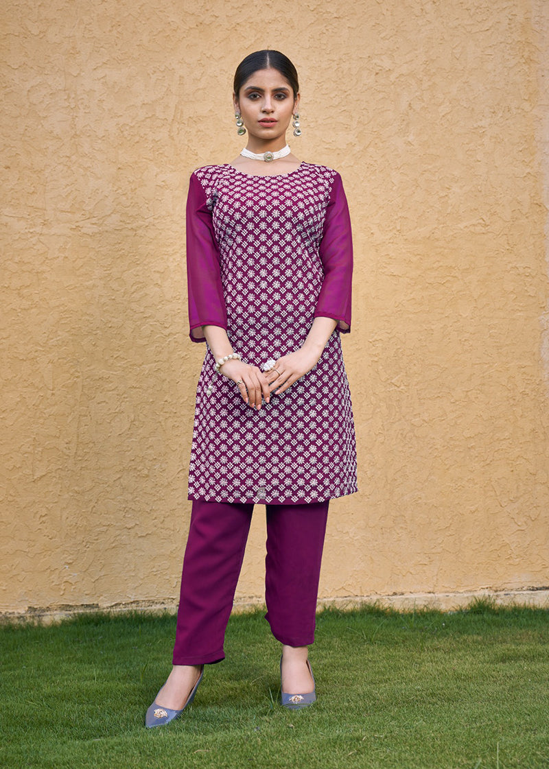 Monjolika Fashion Embroidered Georgette Straight Kurta Set In Purple