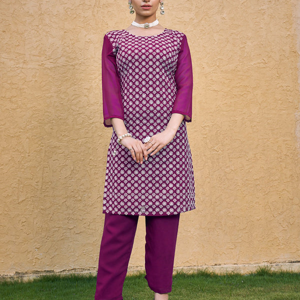 Monjolika Fashion Embroidered Georgette Straight Kurta Set In Purple - Distacart