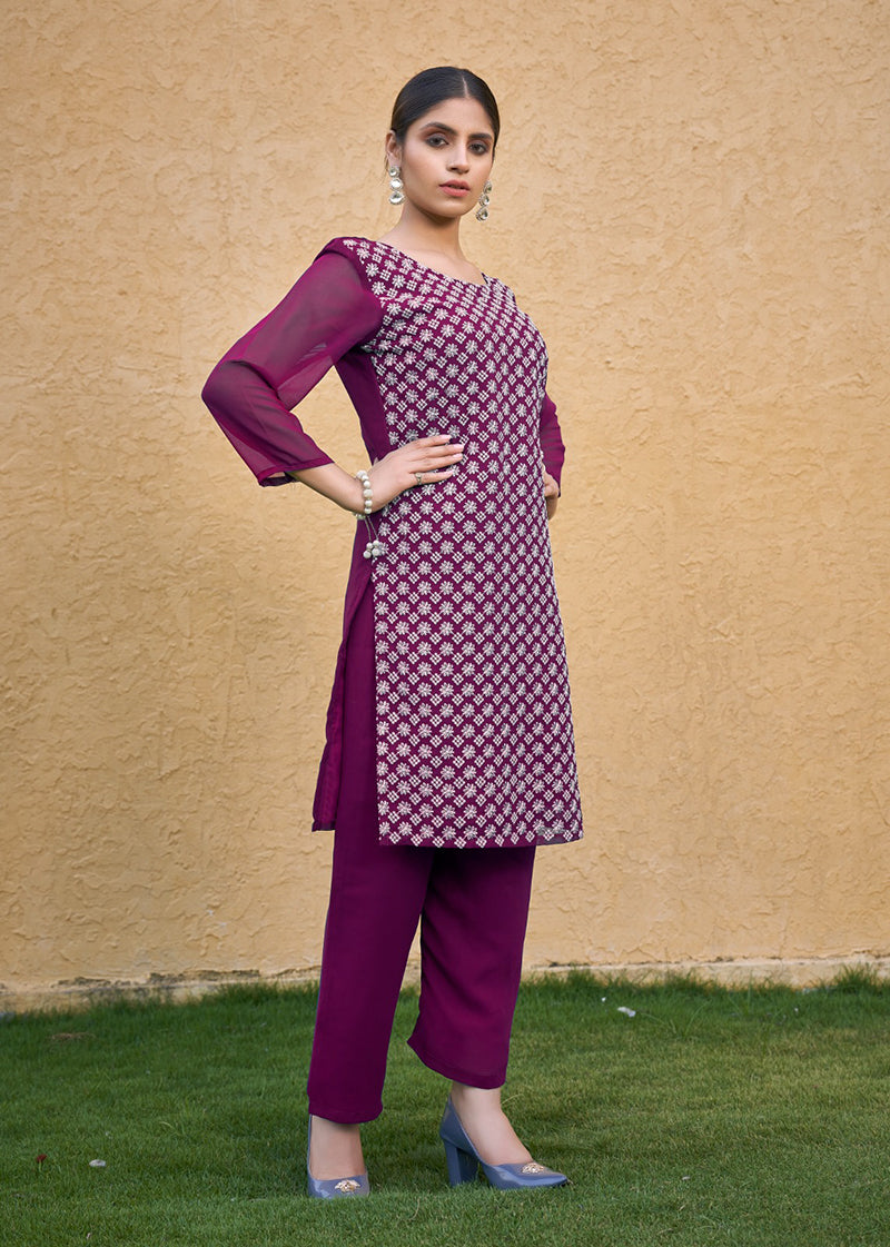 Monjolika Fashion Embroidered Georgette Straight Kurta Set In Purple