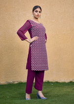 Thumbnail for Monjolika Fashion Embroidered Georgette Straight Kurta Set In Purple