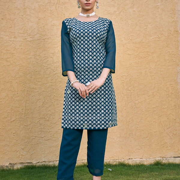 Monjolika Fashion Embroidered Georgette Straight Kurta Set In Teal Blue - Distacart