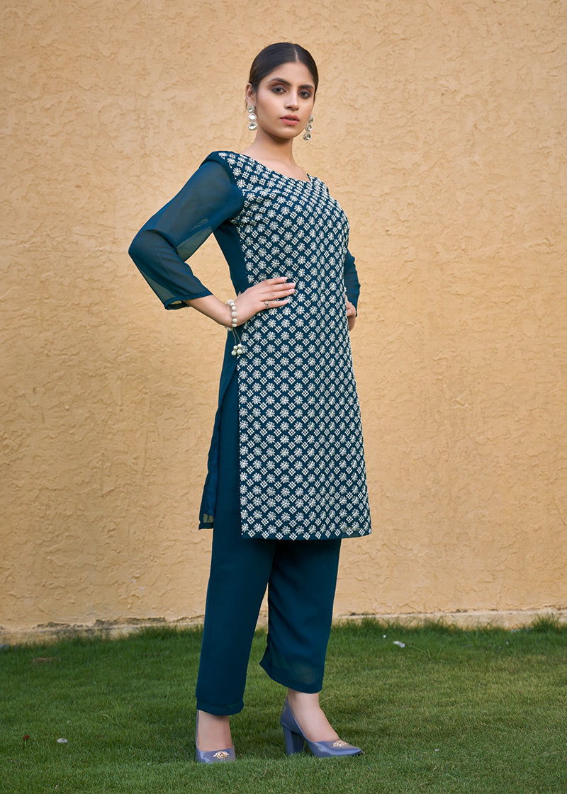 Monjolika Fashion Embroidered Georgette Straight Kurta Set In Teal Blue