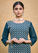 Thumbnail for Monjolika Fashion Embroidered Georgette Straight Kurta Set In Teal Blue