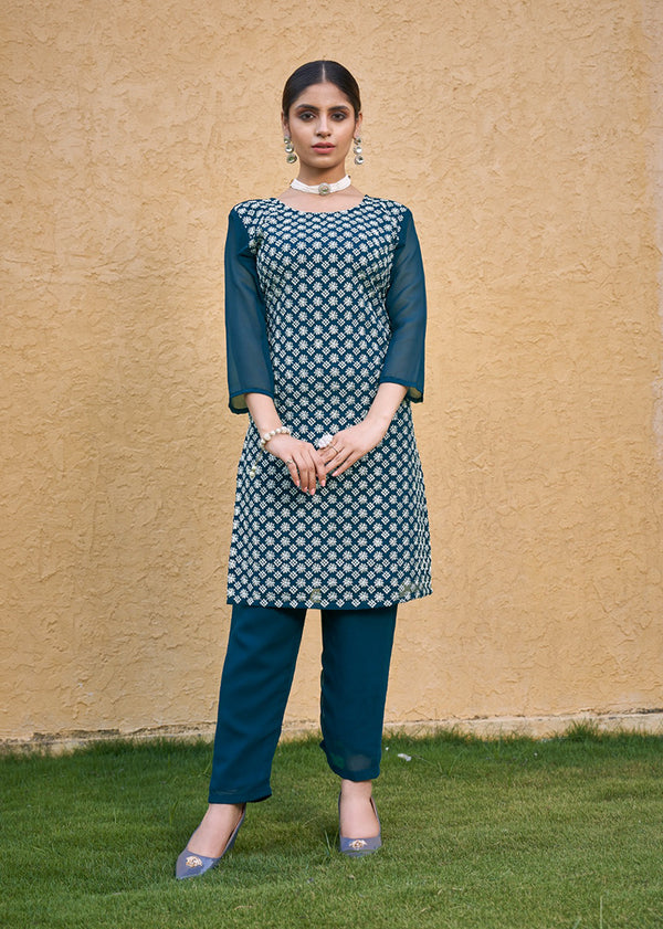 Monjolika Fashion Embroidered Georgette Straight Kurta Set In Teal Blue
