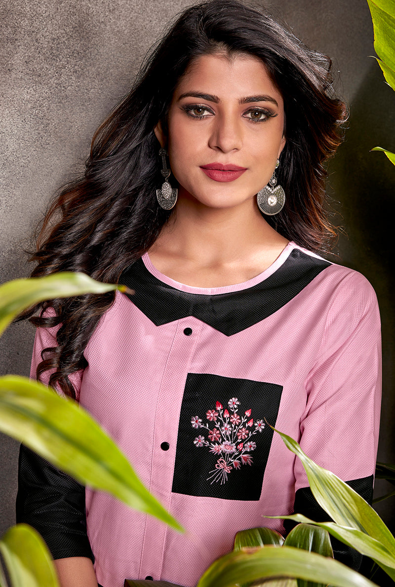 Monjolika Fashion Silk Embroidered Designer Kurti In Light Pink