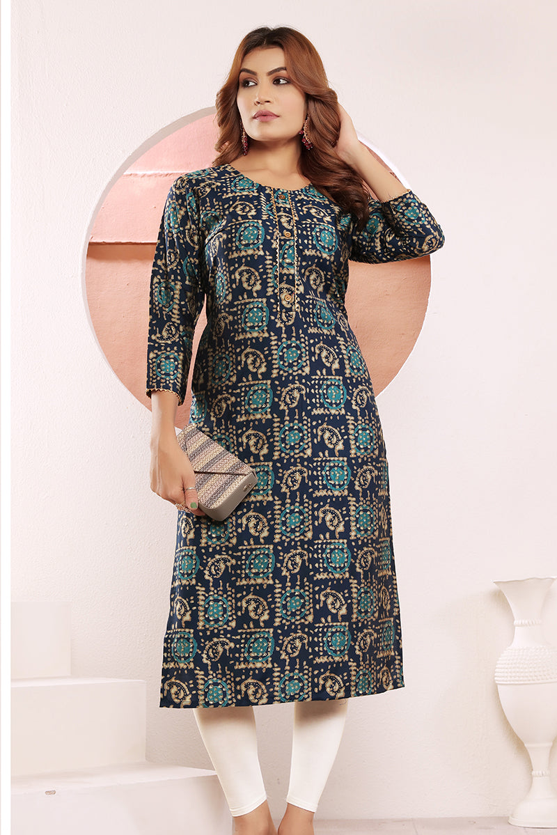 Monjolika Fashion Viscose Navy Blue Buttons Party Wear Kurti For Party