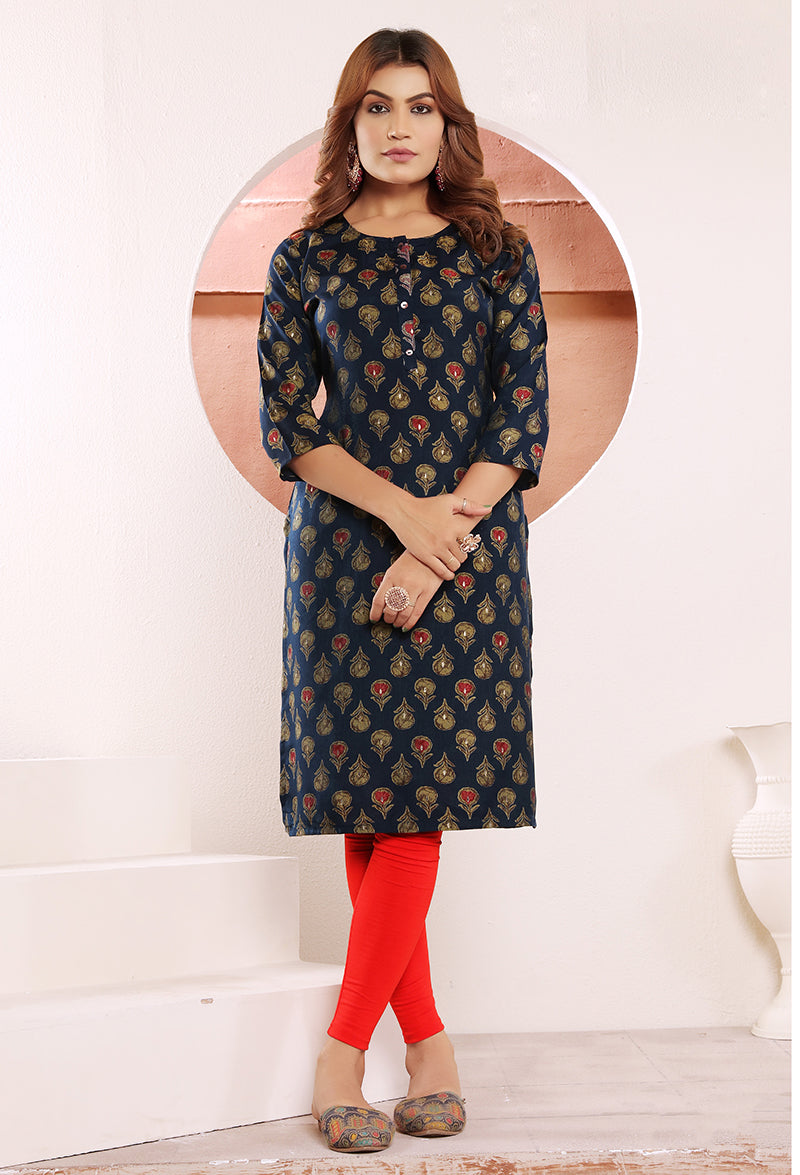 Monjolika Fashion Navy Blue Print Viscose Casual Kurti