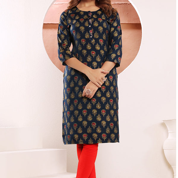 Monjolika Fashion Navy Blue Print Viscose Casual Kurti - Distacart