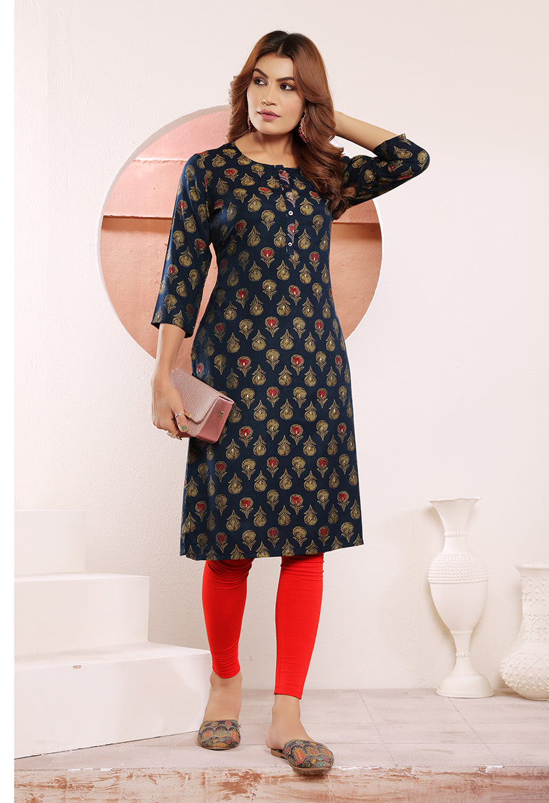 Monjolika Fashion Navy Blue Print Viscose Casual Kurti