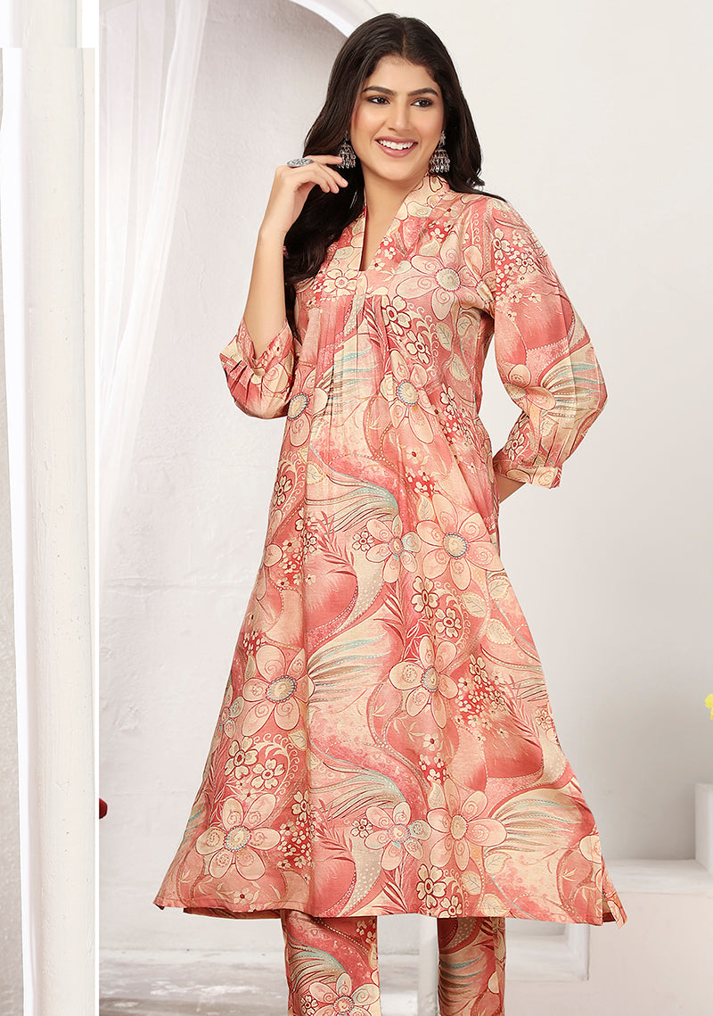 Monjolika Fashion Peach And Pink Rayon Floral Print Casual Kurti