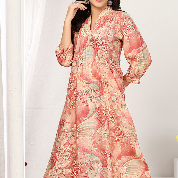 Monjolika Fashion Peach And Pink Rayon Floral Print Casual Kurti - Distacart
