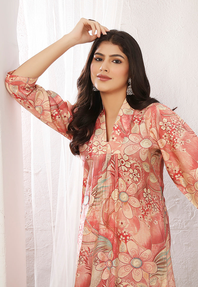 Monjolika Fashion Peach And Pink Rayon Floral Print Casual Kurti