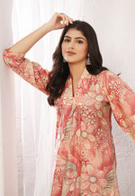 Thumbnail for Monjolika Fashion Peach And Pink Rayon Floral Print Casual Kurti