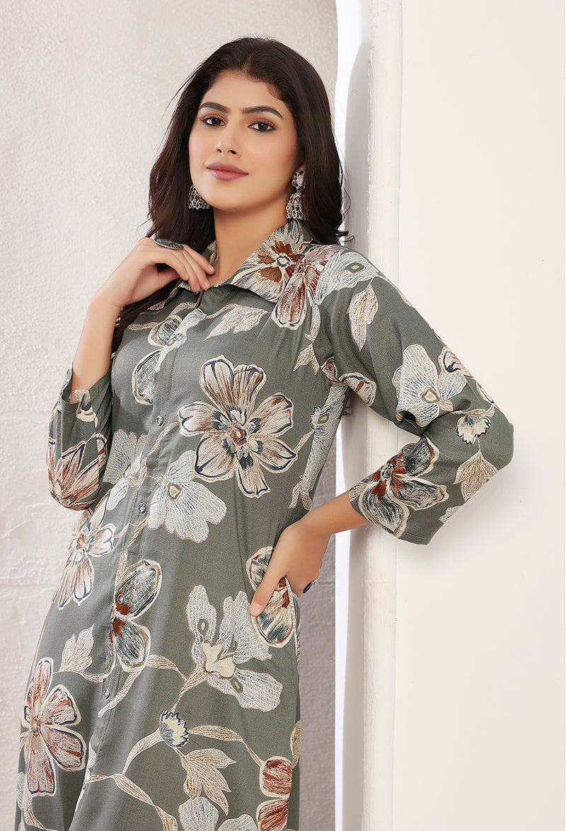 Monjolika Fashion Grey Rayon Floral Print Casual Kurti