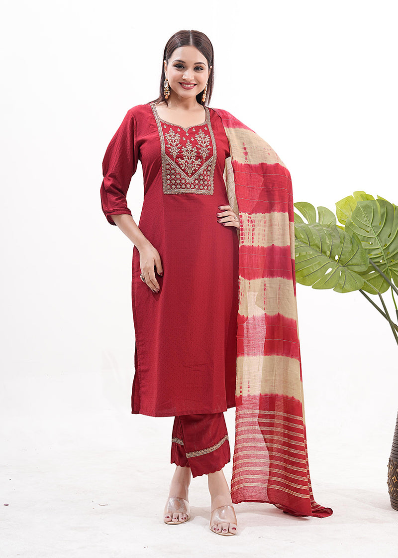 Monjolika Fashion Silk Embroidered Maroon Readymade Salwar Kameez