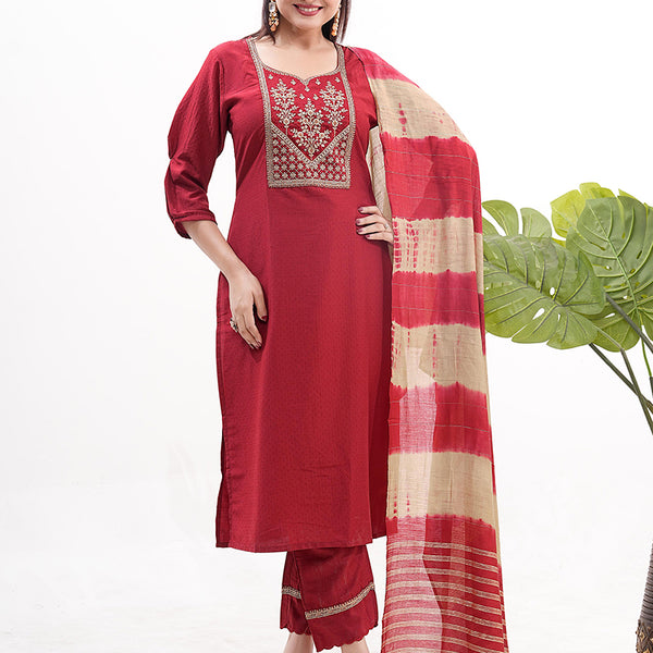 Monjolika Fashion Silk Embroidered Maroon Readymade Salwar Kameez