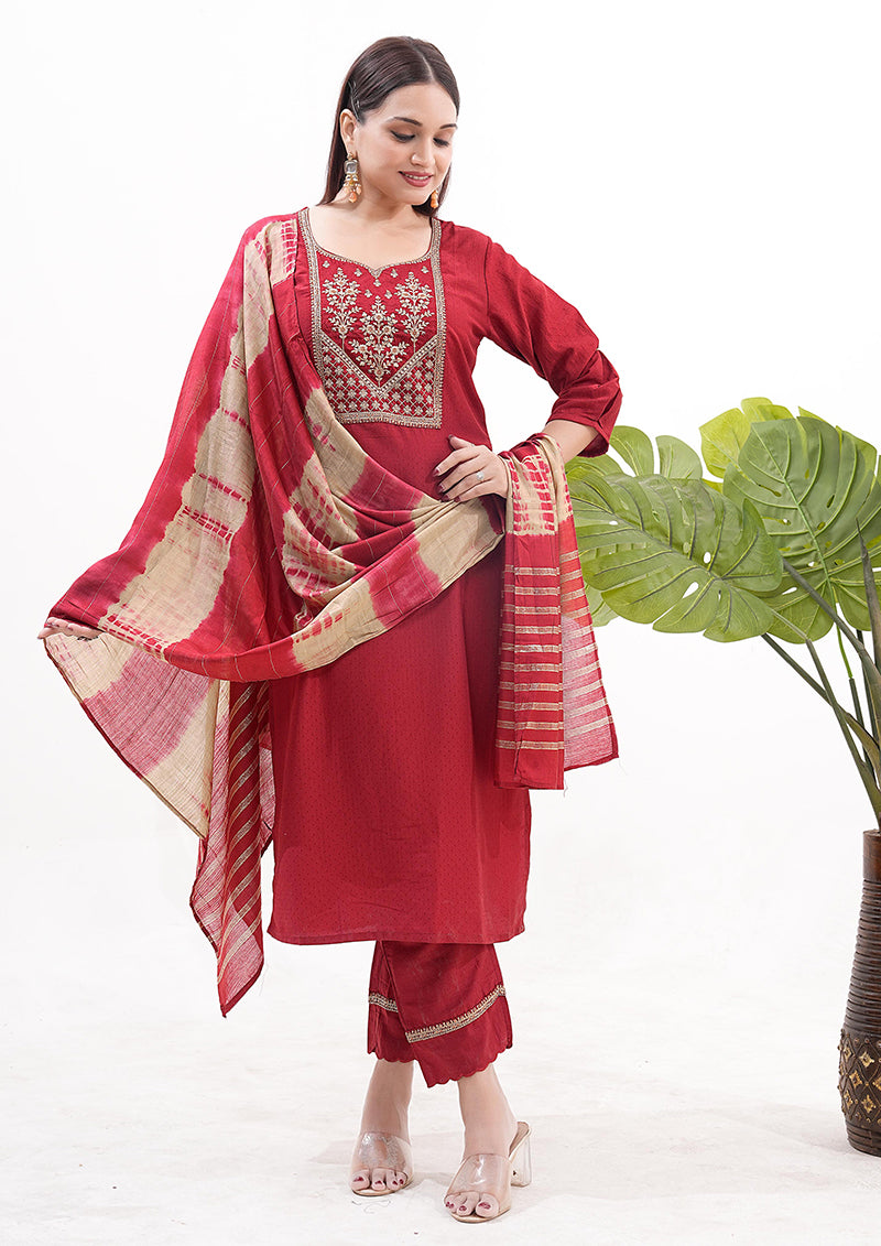 Monjolika Fashion Silk Embroidered Maroon Readymade Salwar Kameez