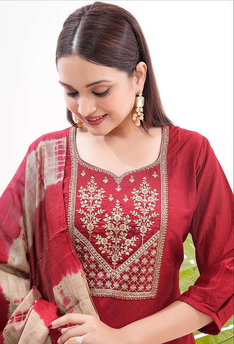 Monjolika Fashion Silk Embroidered Maroon Readymade Salwar Kameez