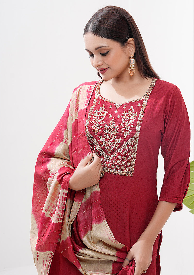 Monjolika Fashion Silk Embroidered Maroon Readymade Salwar Kameez