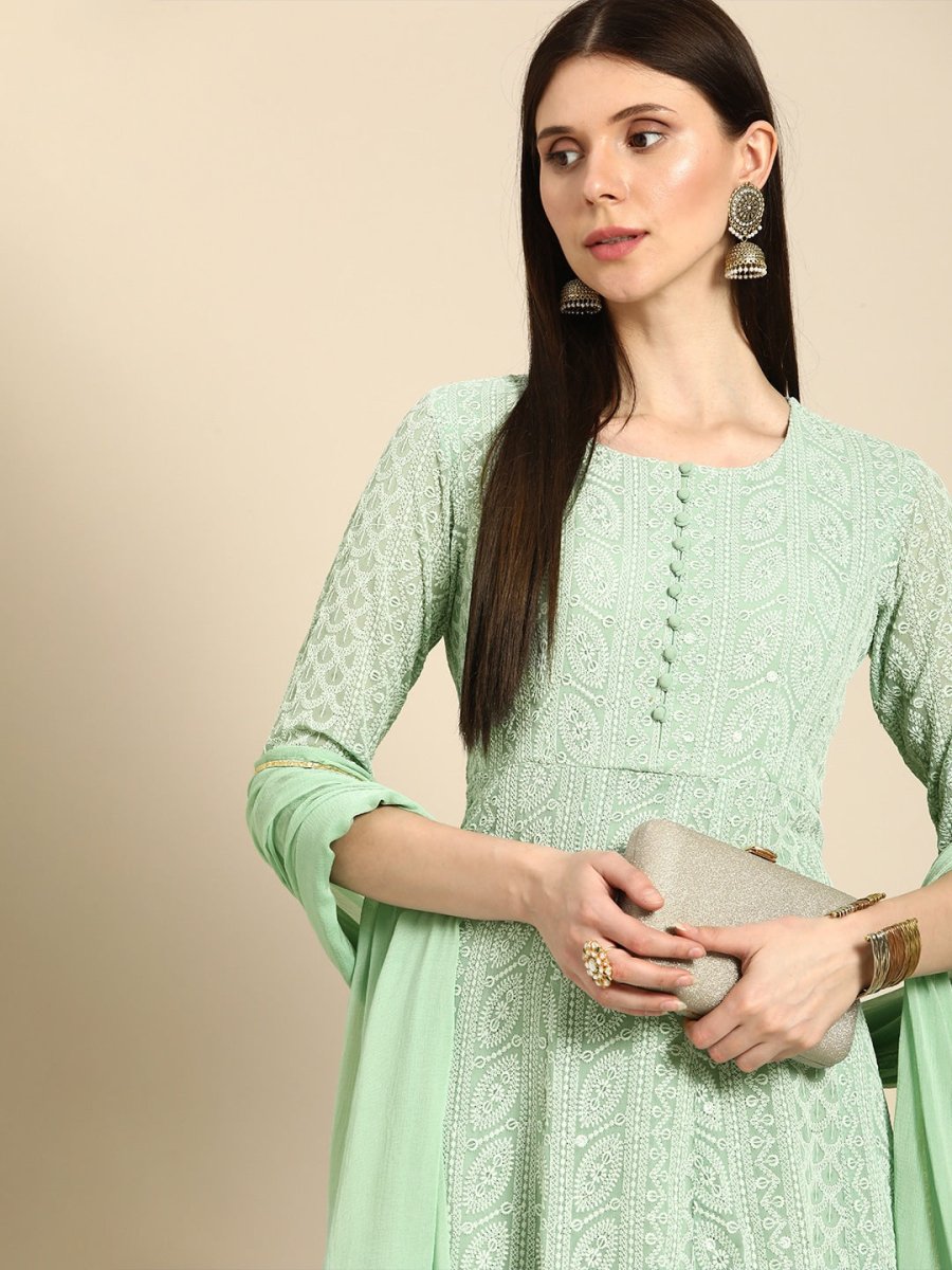 Anouk Women Sea Green Ethnic Motifs Embroidered Kurta with Palazzos & With Dupatta - Distacart