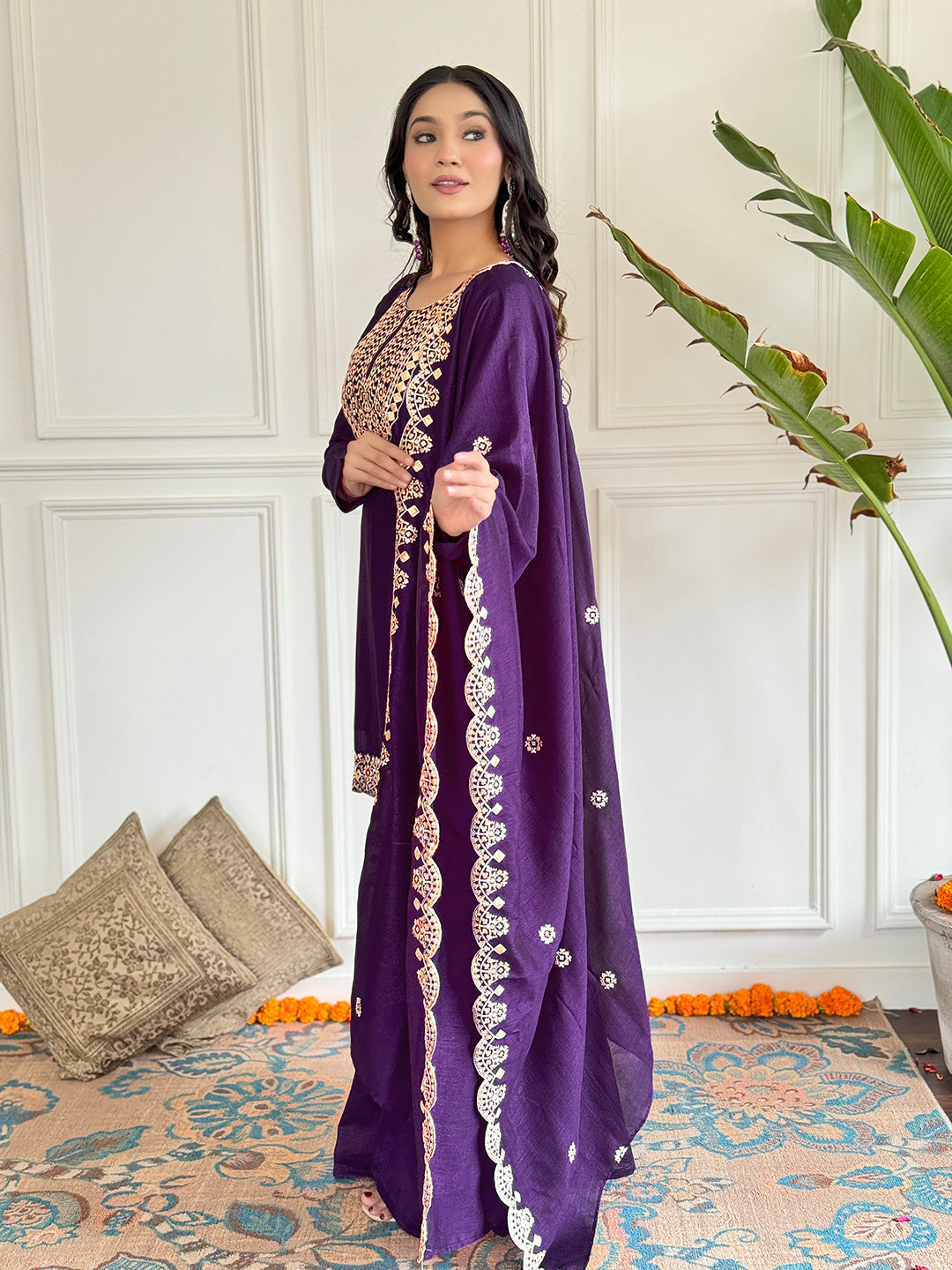 The52 Women's Gorgeous Vichitra Silk Embroidery Straight Kurta with Sharara and Dupatta Set