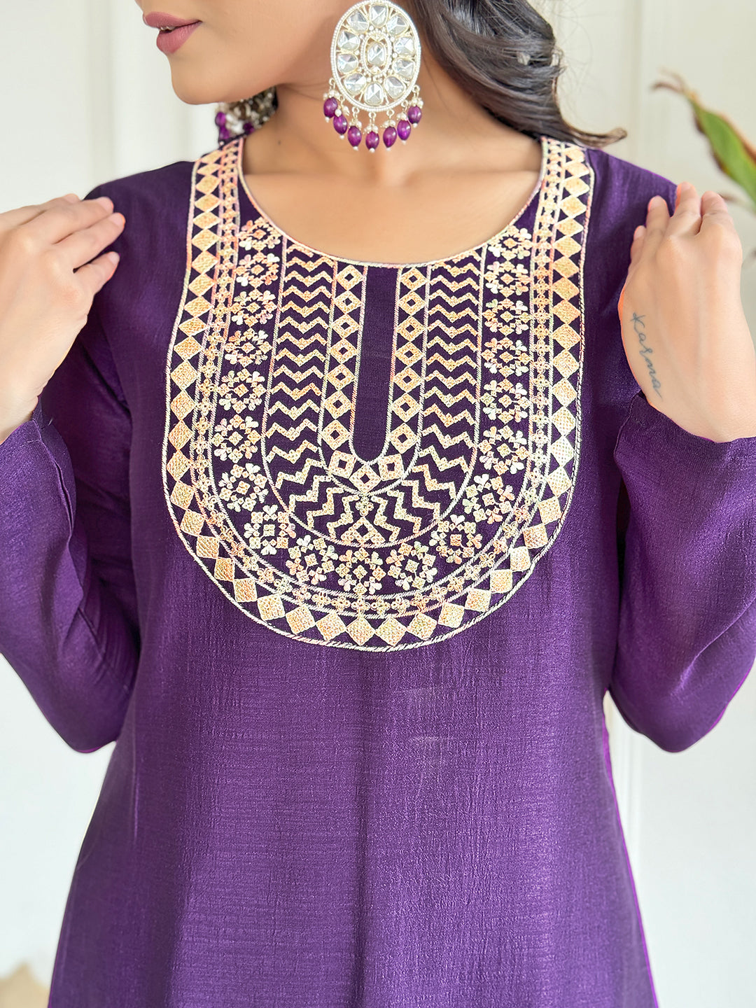 The52 Women's Gorgeous Vichitra Silk Embroidery Straight Kurta with Sharara and Dupatta Set