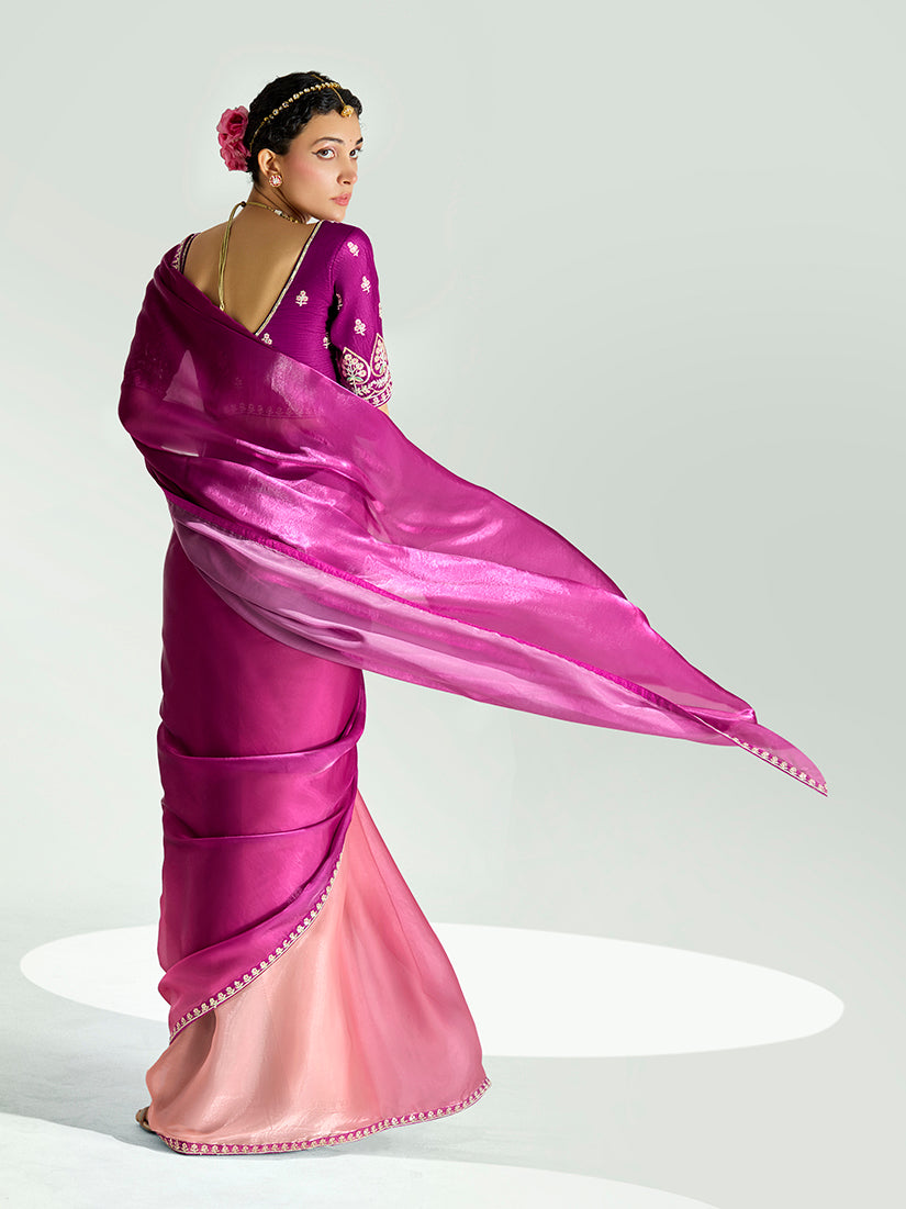 Monjolika Fashion Magenta And Peach Organza Tissue Sequins Embroidery Handwork Wedding Wear Saree - Distacart