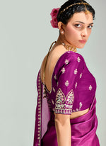 Thumbnail for Monjolika Fashion Magenta And Peach Organza Tissue Sequins Embroidery Handwork Wedding Wear Saree - Distacart