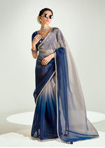 Thumbnail for Monjolika Fashion Navy Blue And Beige Organza Tissue Sequins Embroidery Handwork Wedding Wear Saree - Distacart
