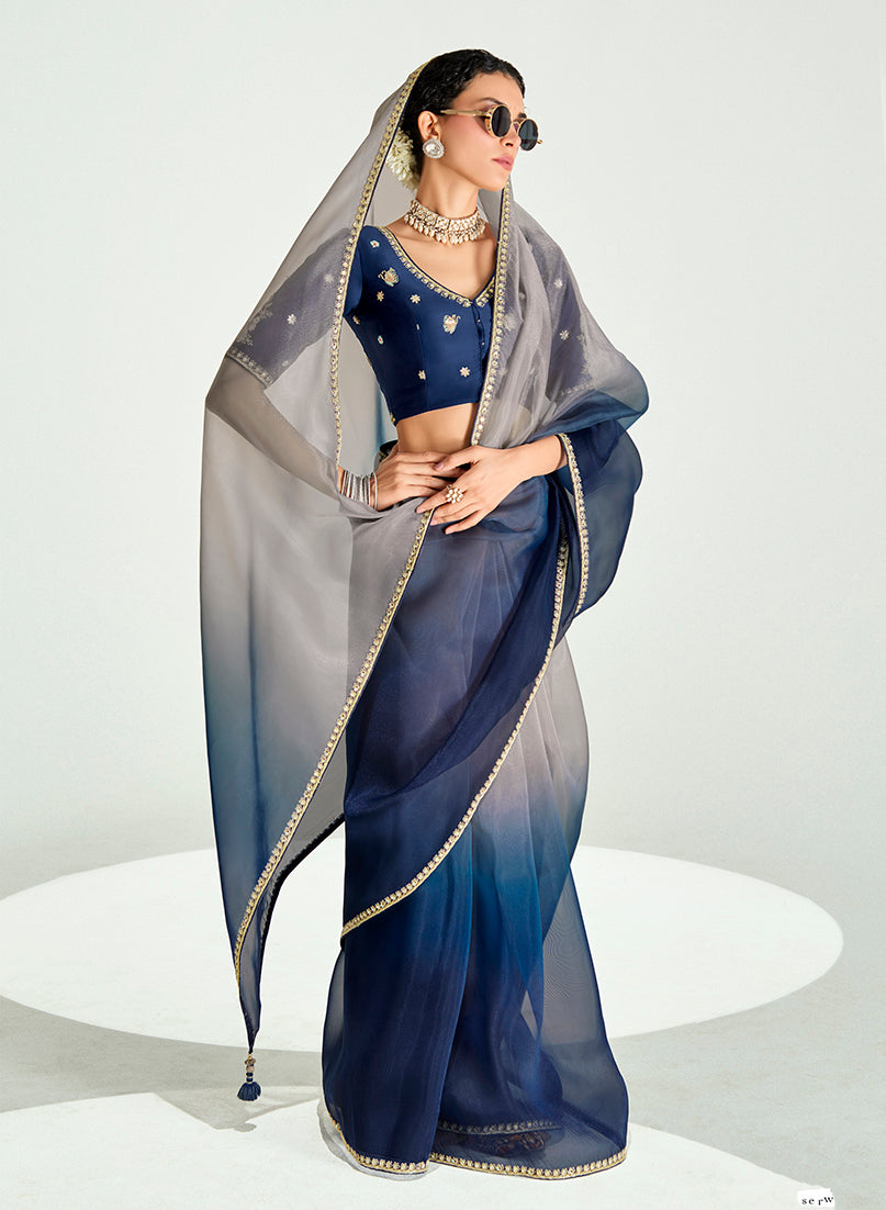 Monjolika Fashion Navy Blue And Beige Organza Tissue Sequins Embroidery Handwork Wedding Wear Saree - Distacart
