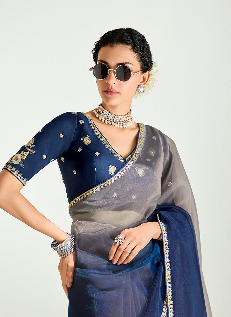 Monjolika Fashion Navy Blue And Beige Organza Tissue Sequins Embroidery Handwork Wedding Wear Saree - Distacart