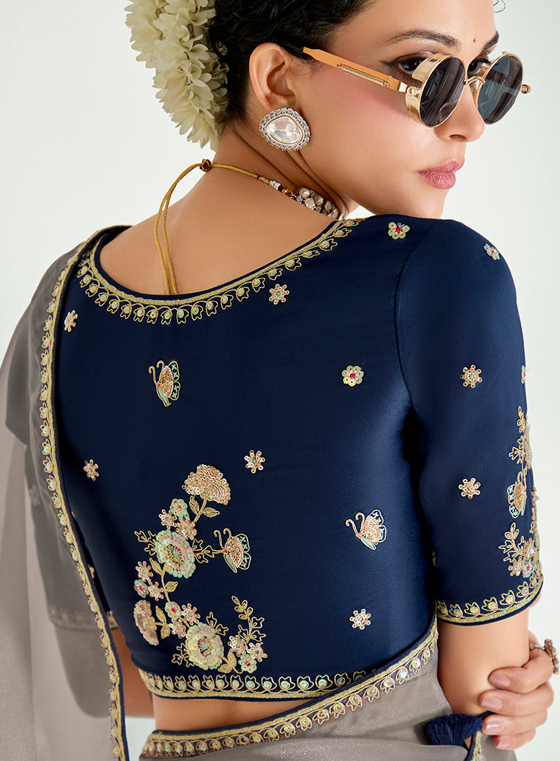 Monjolika Fashion Navy Blue And Beige Organza Tissue Sequins Embroidery Handwork Wedding Wear Saree - Distacart
