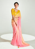 Thumbnail for Monjolika Fashion Organza Tissue Pink And Yellow Sequins Embroidery Handwork Engagement Wear Saree - Distacart