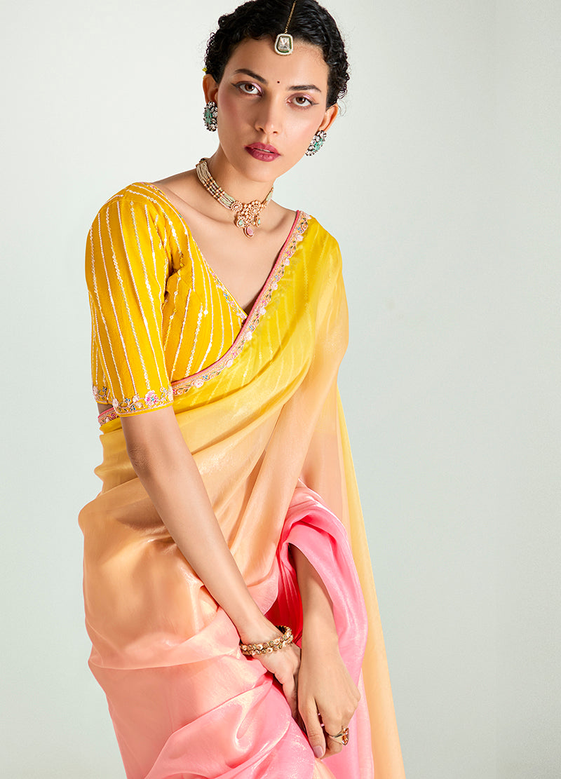 Monjolika Fashion Organza Tissue Pink And Yellow Sequins Embroidery Handwork Engagement Wear Saree - Distacart