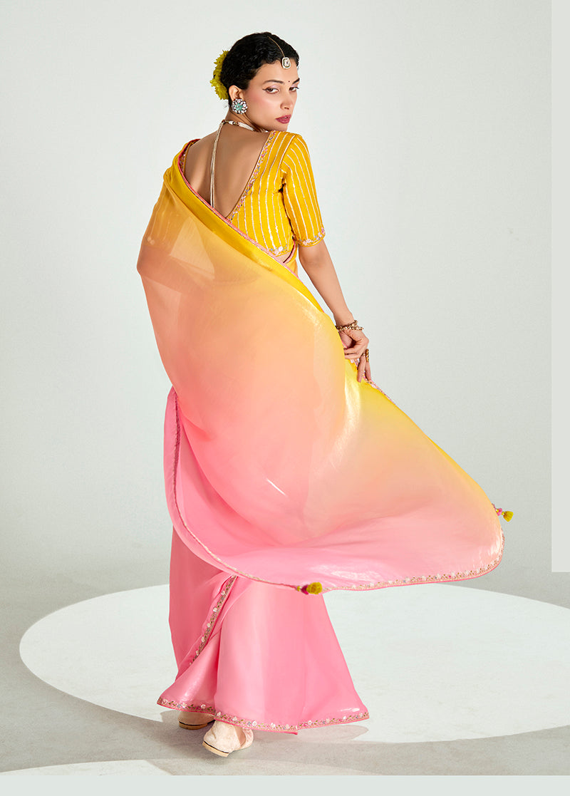 Monjolika Fashion Organza Tissue Pink And Yellow Sequins Embroidery Handwork Engagement Wear Saree - Distacart