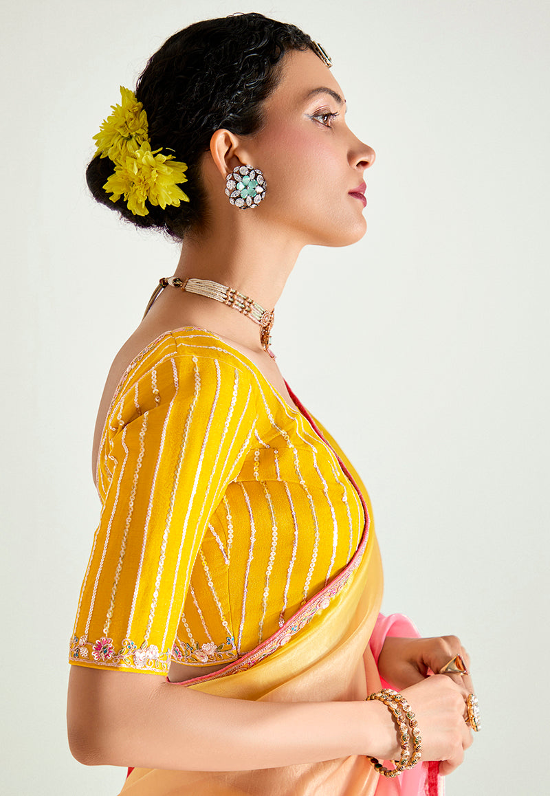 Monjolika Fashion Organza Tissue Pink And Yellow Sequins Embroidery Handwork Engagement Wear Saree - Distacart
