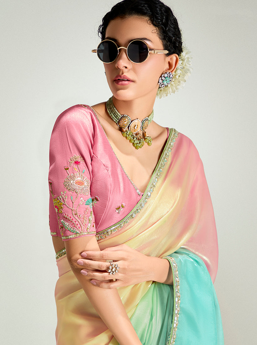 Monjolika Fashion Multi Colour Organza Tissue Sequins Embroidery Handwork Wedding Wear Saree - Distacart