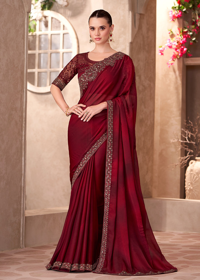 Monjolika Fashion Maroon Color Embroidery Work Chiffon Silk Party Wear Saree