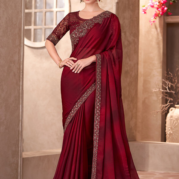 Monjolika Fashion Maroon Color Embroidery Work Chiffon Silk Party Wear Saree - Distacart