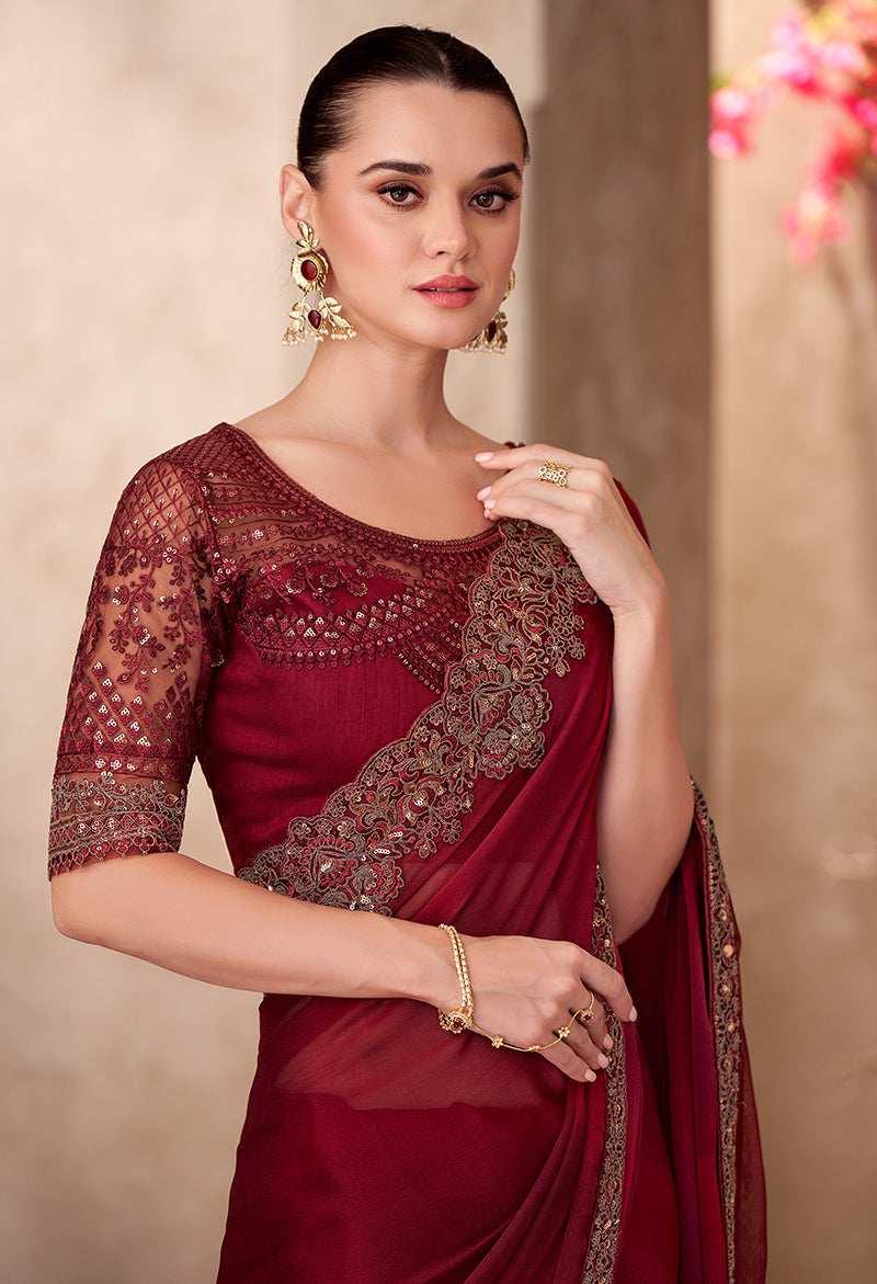 Monjolika Fashion Maroon Color Embroidery Work Chiffon Silk Party Wear Saree