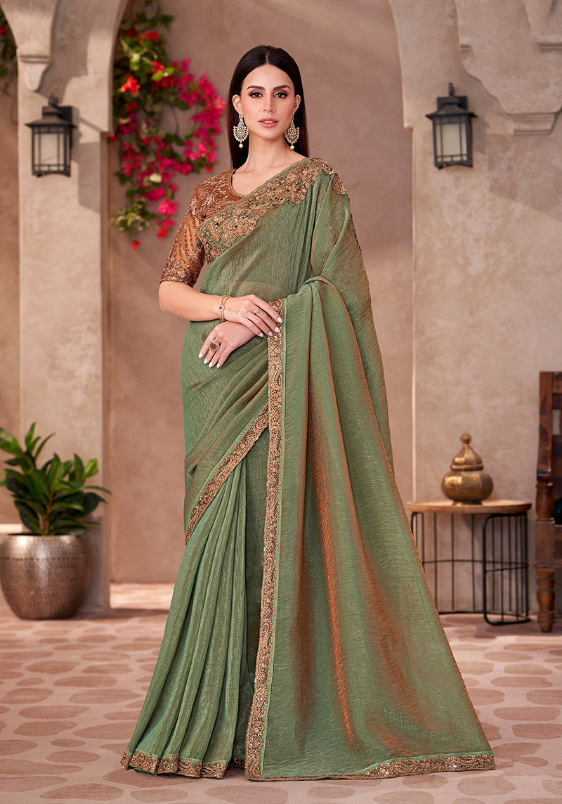 Monjolika Fashion Olive Green Georgette Border Work Wear Saree