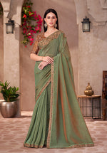 Thumbnail for Monjolika Fashion Olive Green Georgette Border Work Wear Saree