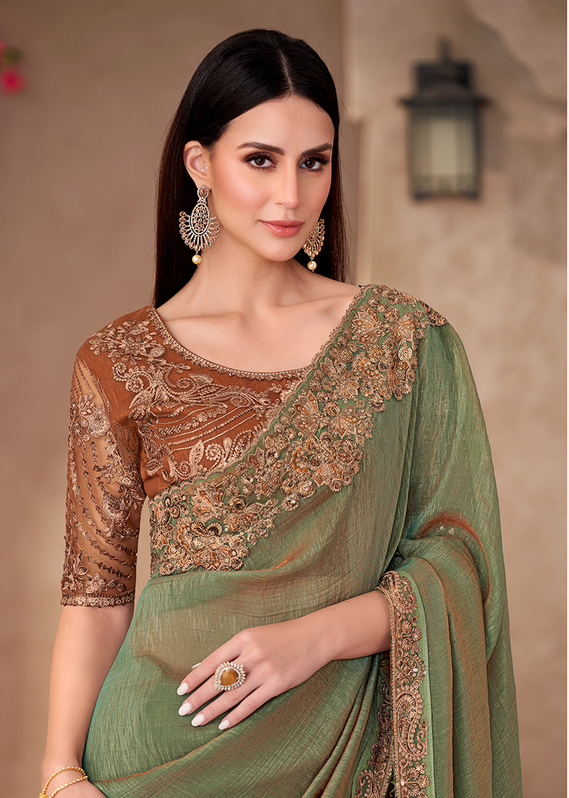 Monjolika Fashion Olive Green Georgette Border Work Wear Saree